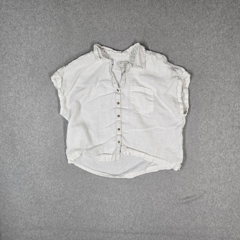 Rachel Zoe Women Button Up Shirt L White Linen Collared Front Coastal Beachy